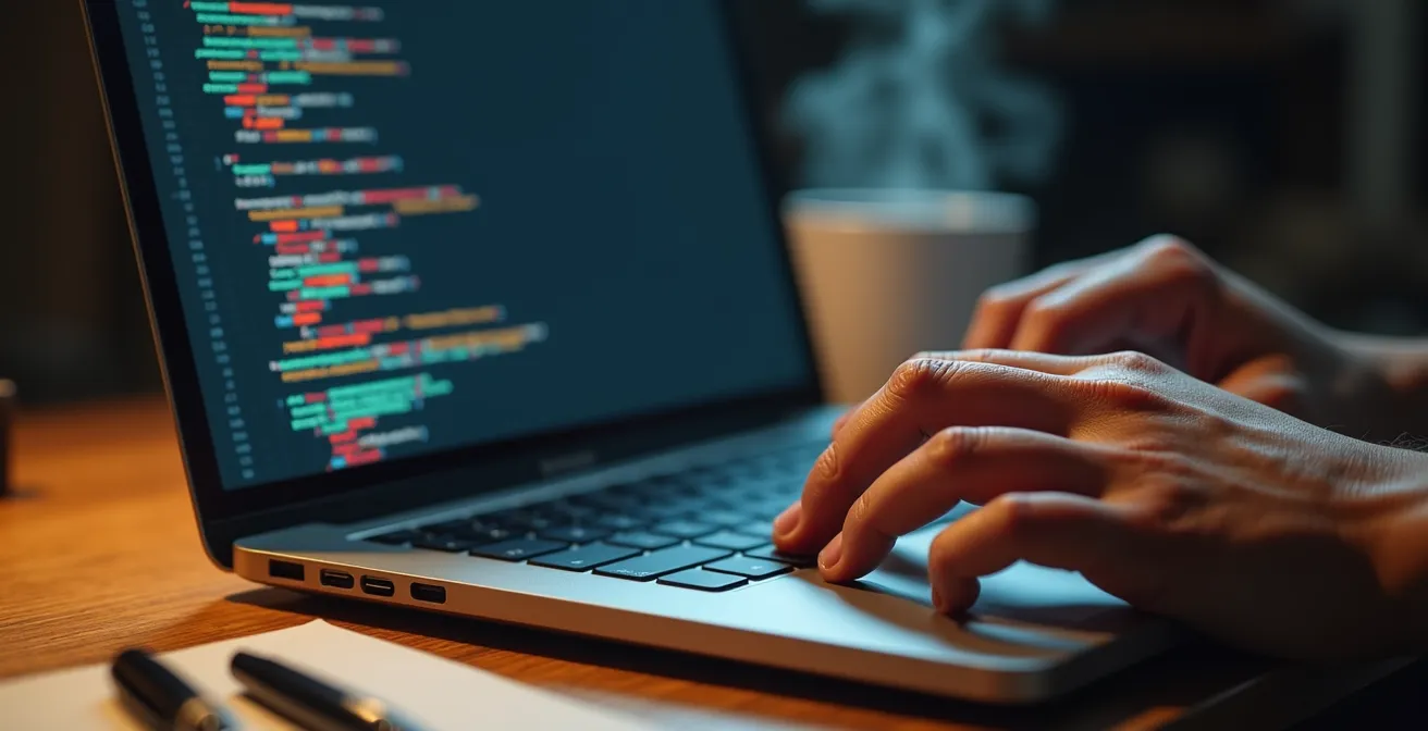 Manos navegando por perfiles de GitHub en una laptop con café al lado