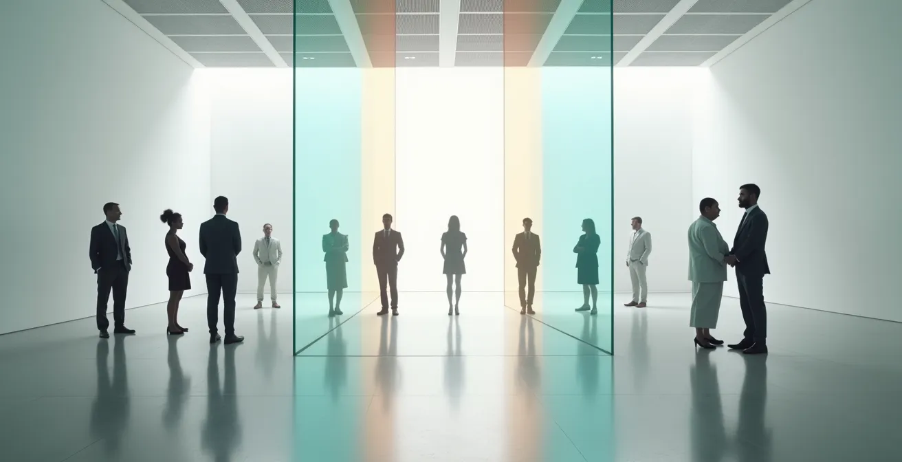 Visualización abstracta de sesgos ocultos en algoritmos de IA mediante prisma que distorsiona la luz