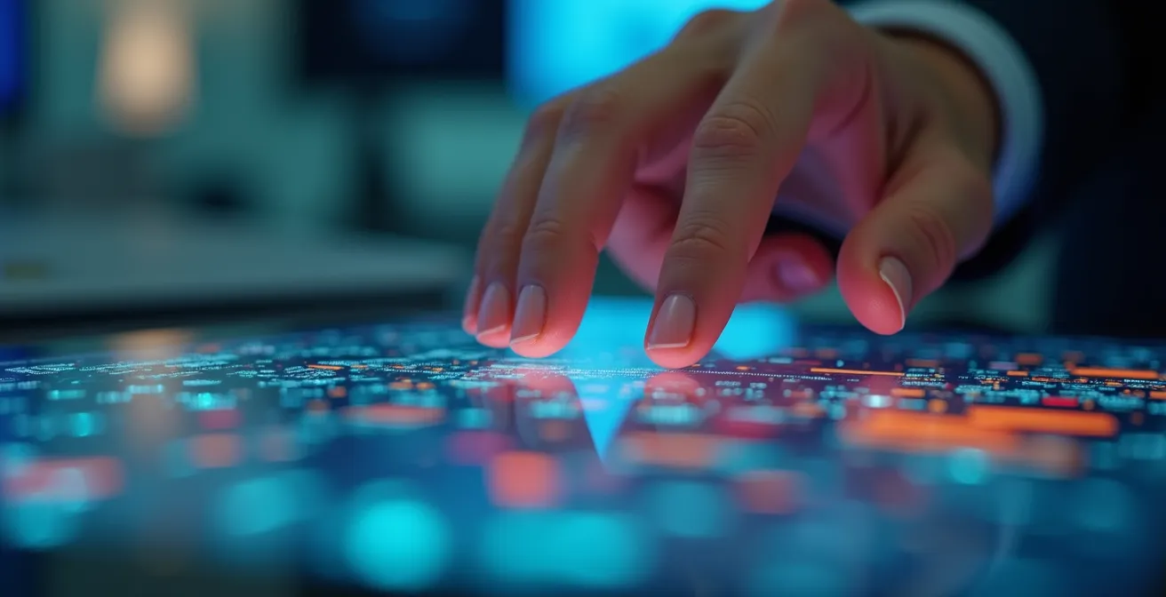 Primer plano macro de manos profesionales interactuando con superficie táctil moderna mostrando patrones abstractos de datos