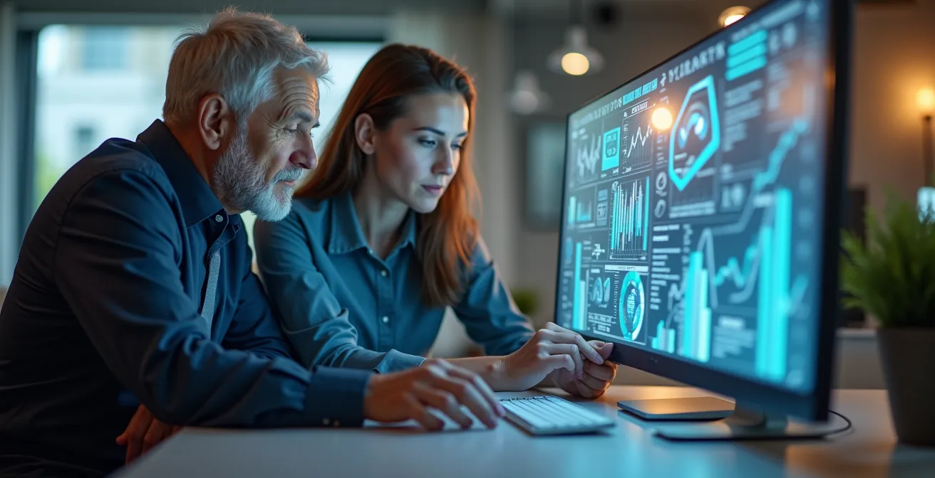 Contraste entre trabajador senior con papeles y joven con tablet en espacio de oficina moderna