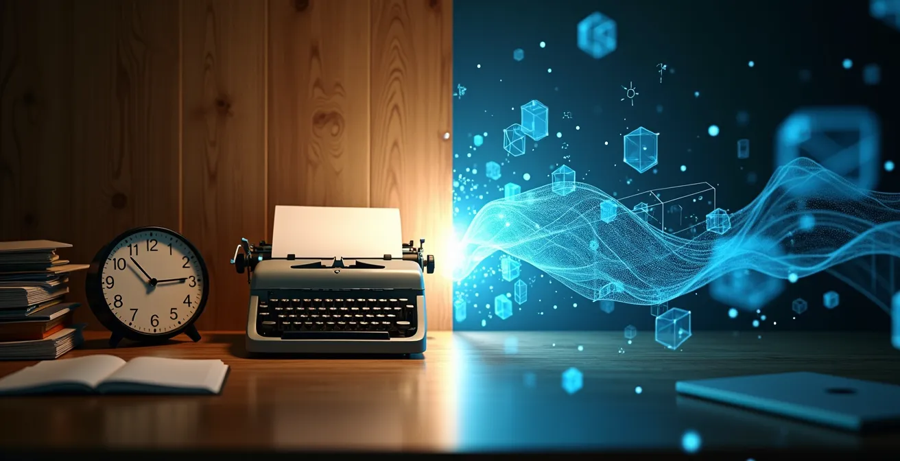 Contraste visual entre herramientas tradicionales y tecnología moderna en el espacio de trabajo