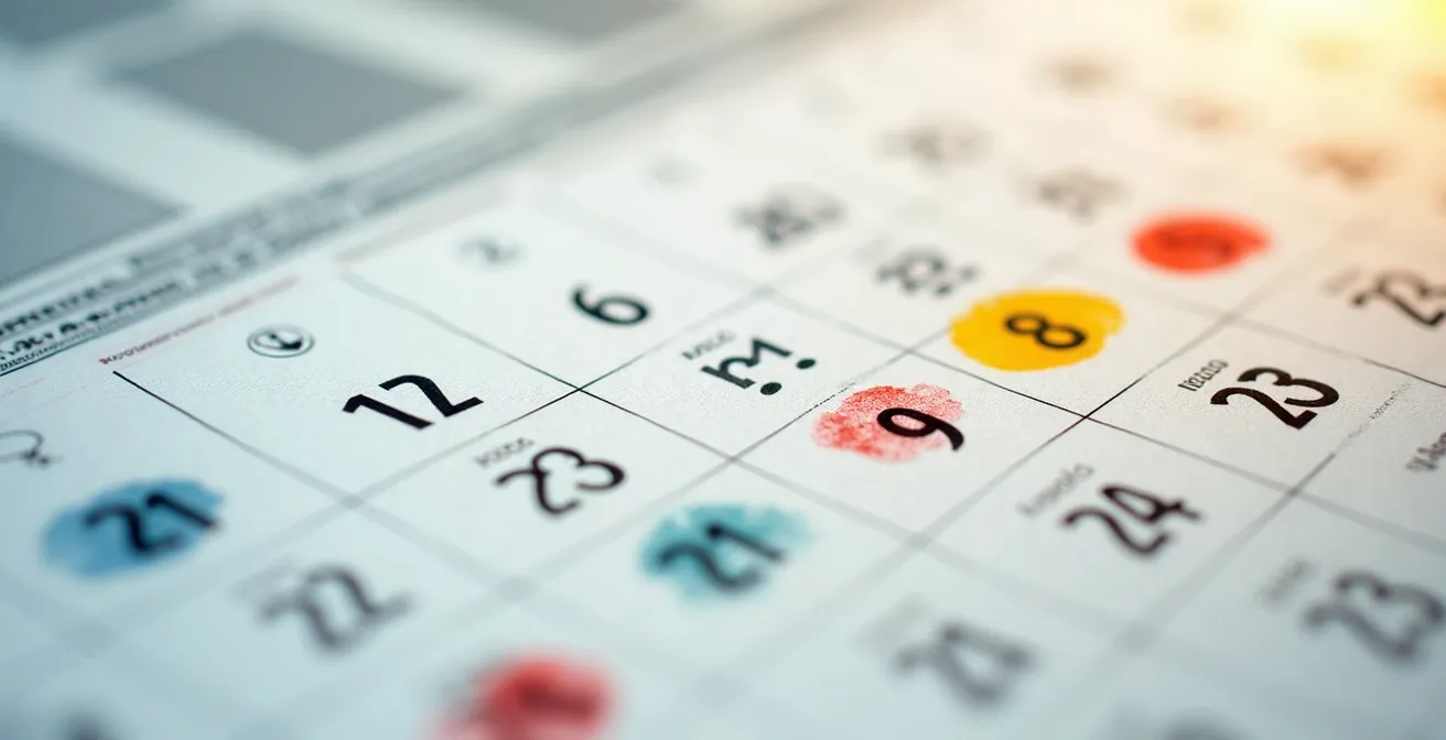 Vista macro de calendario fiscal con marcadores de fechas importantes para nueva empresa