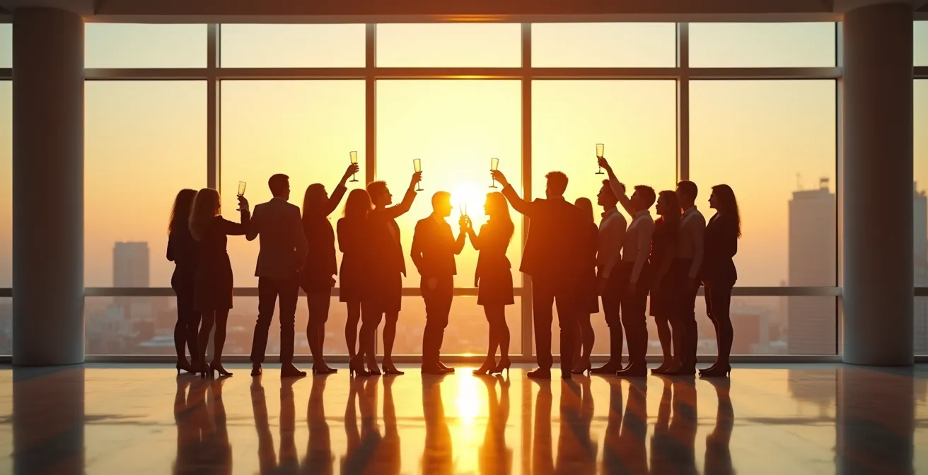 Profesionales celebrando éxito conjunto con gráficos de crecimiento de fondo