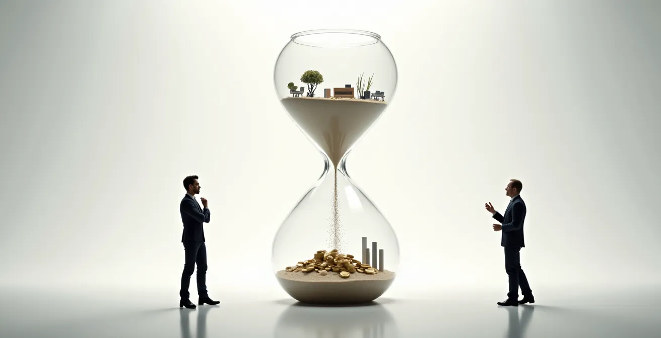 Reloj de arena gigante simbolizando la presión temporal en capital riesgo