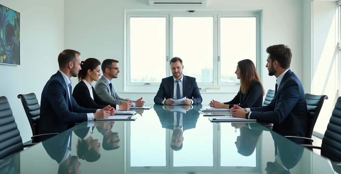 Sala de juntas con fundadores y miembros del consejo en reunión estratégica