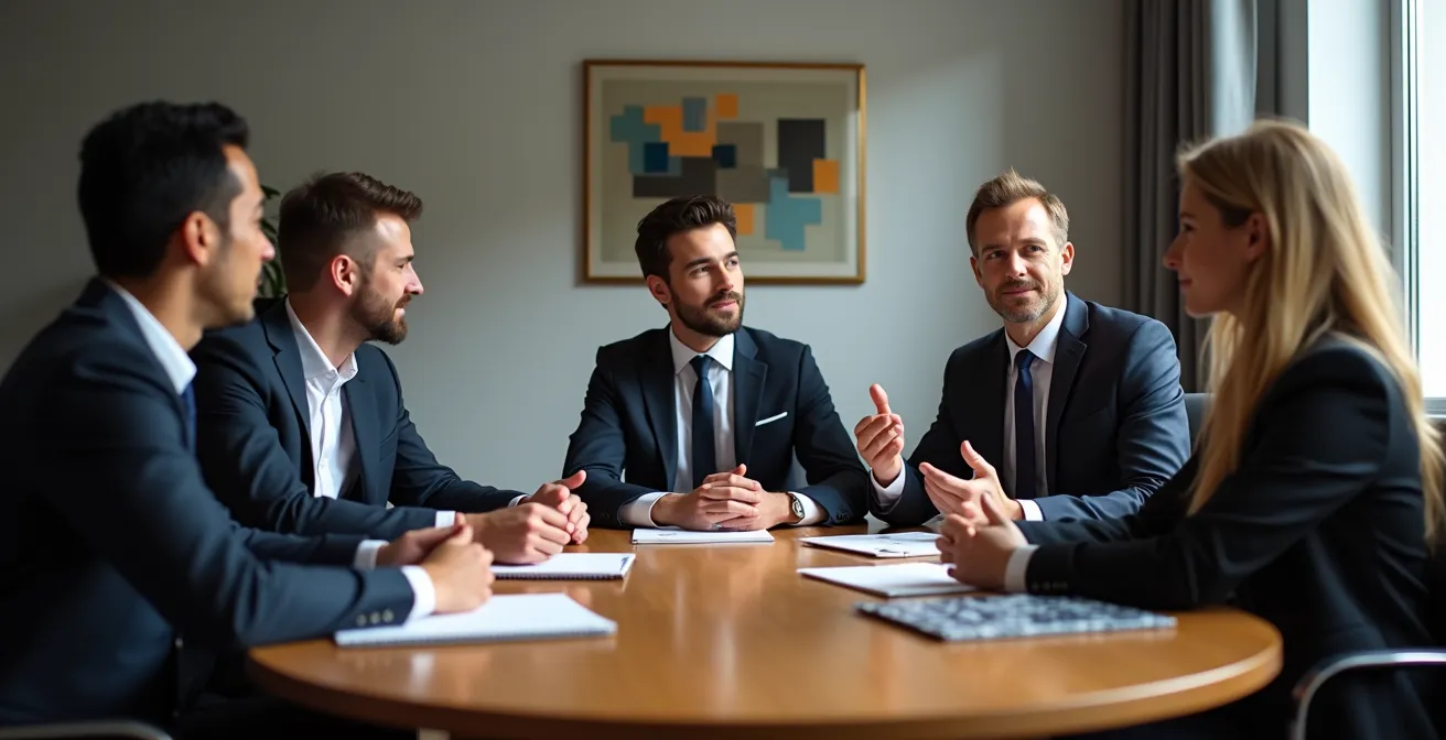 Consejo de administración en sesión estratégica con documentos y análisis