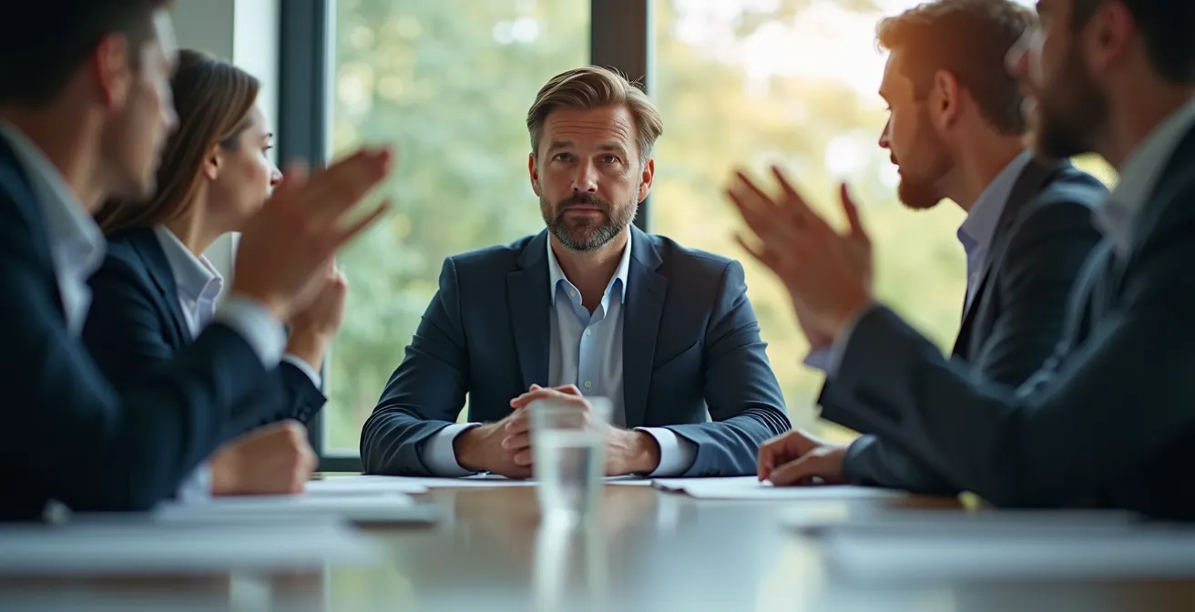 Ejecutivo manteniendo la calma en reunión de crisis con técnicas de gestión emocional