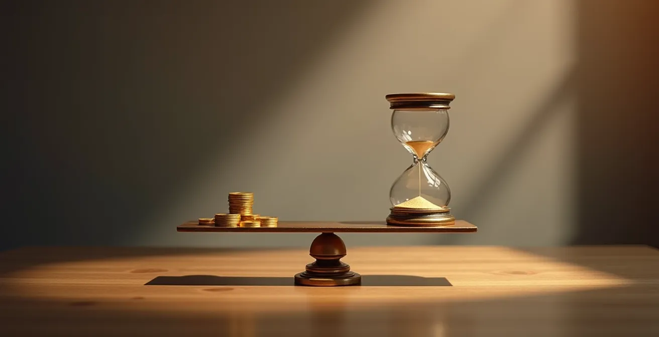 Balanza dorada equilibrando monedas y reloj de arena representando el coste de oportunidad del capital