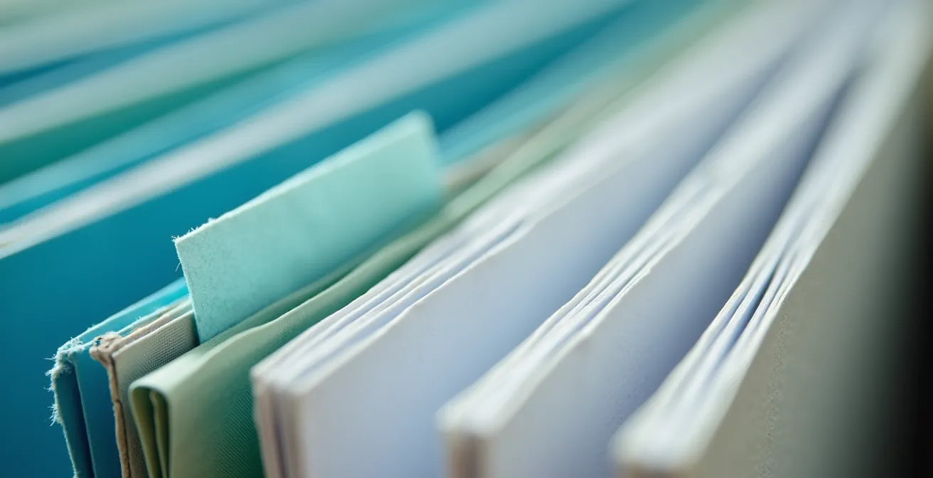 Vista macro detallada de carpetas digitales organizadas para data room de inversión