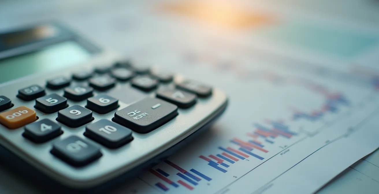 Vista macro de documentos fiscales con calculadora mostrando cálculos de beneficios