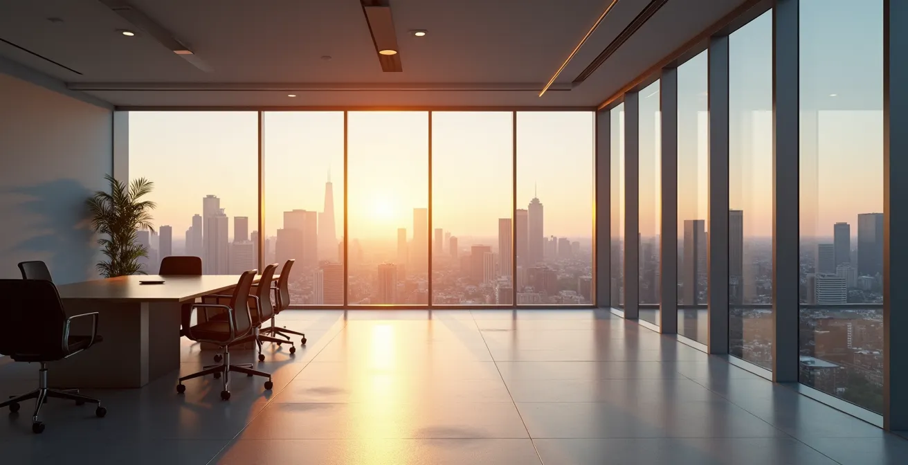Vista amplia de oficina ejecutiva minimalista con ventanales mostrando horizonte urbano al atardecer
