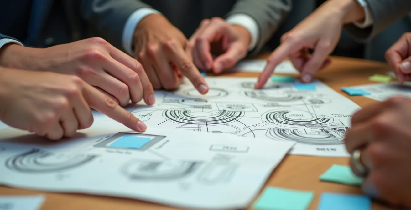 Profesionales trabajando juntos en proyecto durante hackathon empresarial