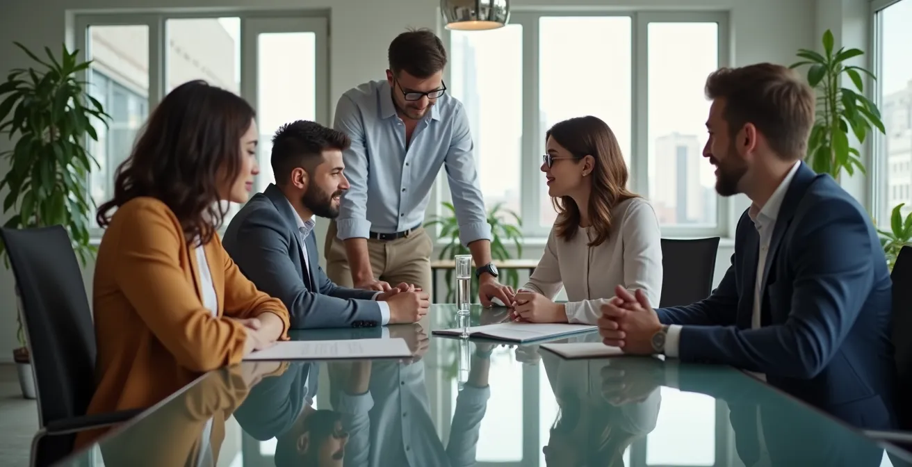 Un equipo diverso colaborando de forma autónoma con el soporte de herramientas tecnológicas transparentes en una oficina moderna.