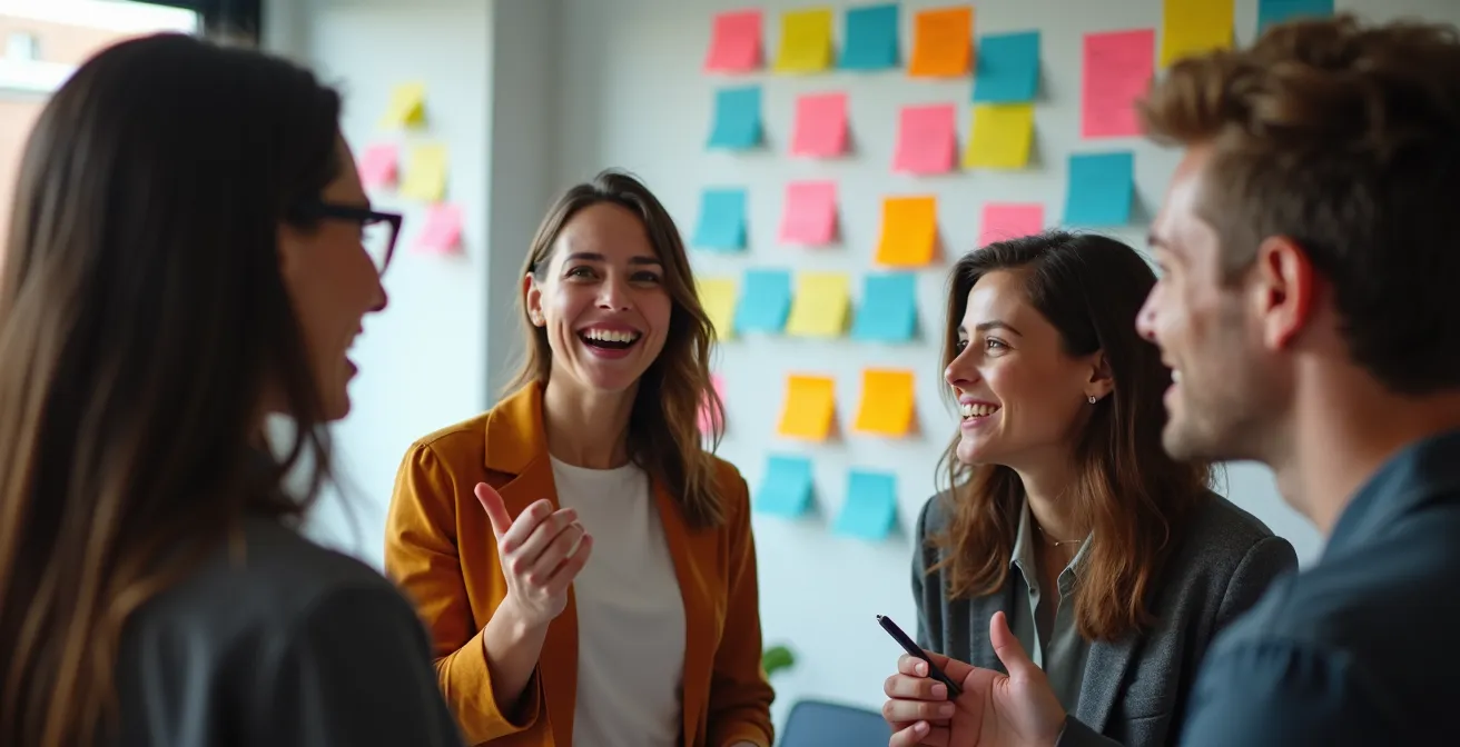 Equipo profesional participando en una retrospectiva con notas adhesivas y pizarra