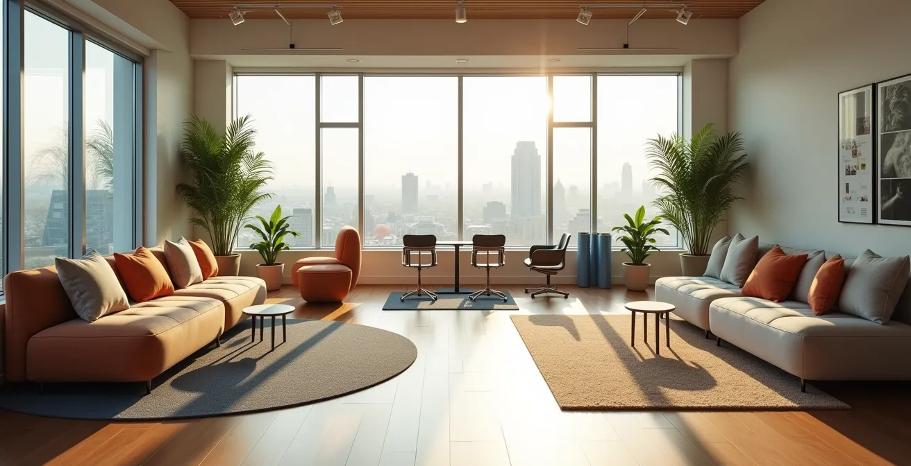 Espacio de trabajo flexible con zonas de descanso y áreas colaborativas