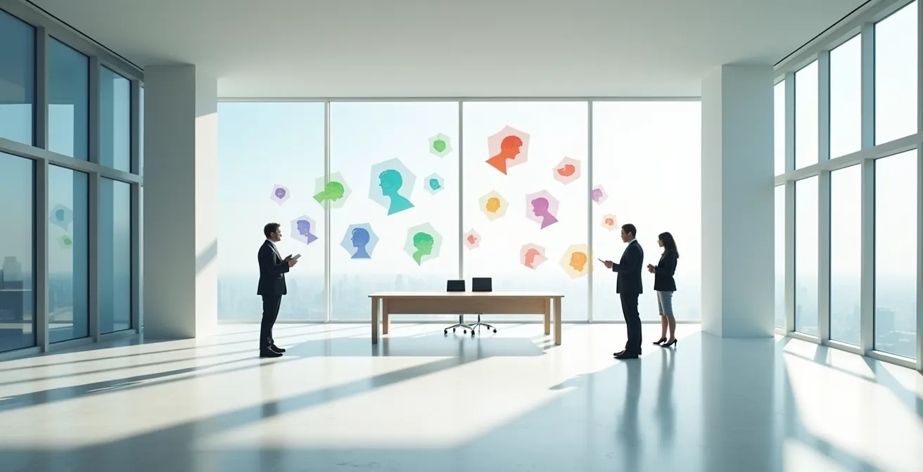 Espacio minimalista con ejecutivos evaluando perfiles de clientes en ambiente profesional