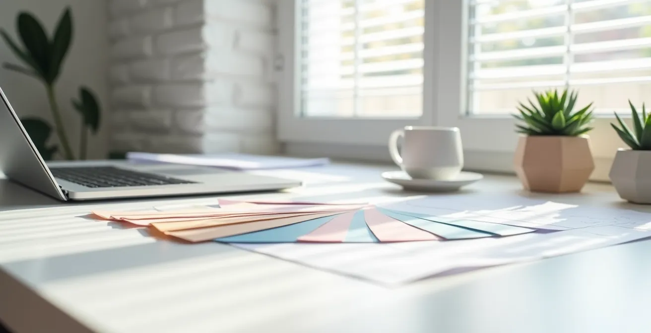 Vista aérea de espacio de trabajo minimalista con elementos de diseño web