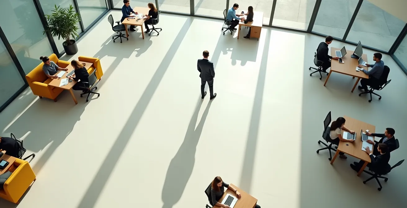 Vista aérea de un líder en un espacio de oficina moderno, delegando efectivamente a un equipo empoderado que trabaja de forma autónoma.