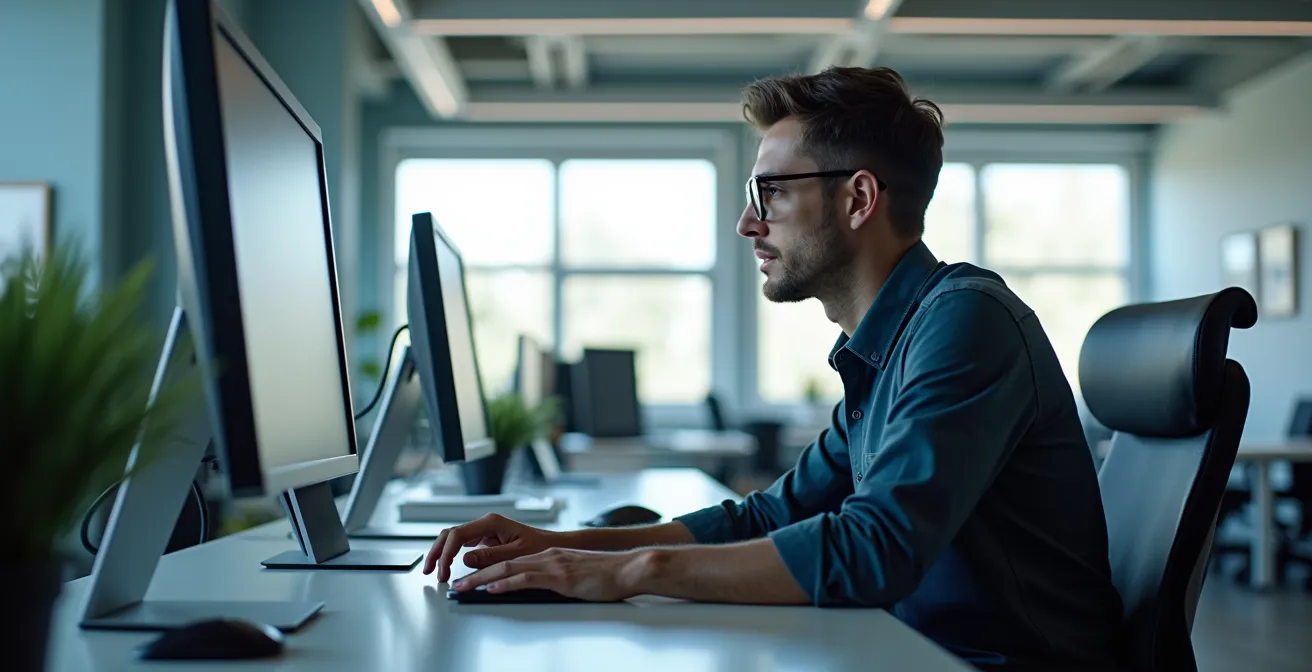 Trabajador colaborando con sistema automatizado en oficina moderna