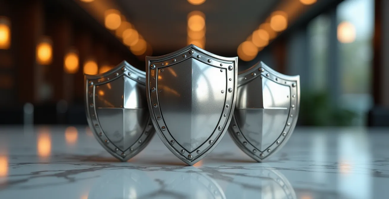 Metáfora visual de protección accionarial con escudos entrelazados