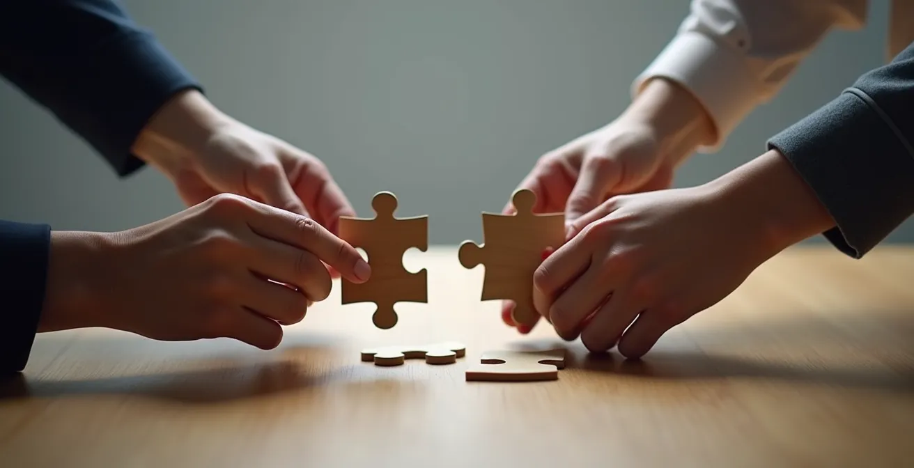 Sesión de mediación profesional entre departamentos representada por manos uniendo piezas de un rompecabezas.