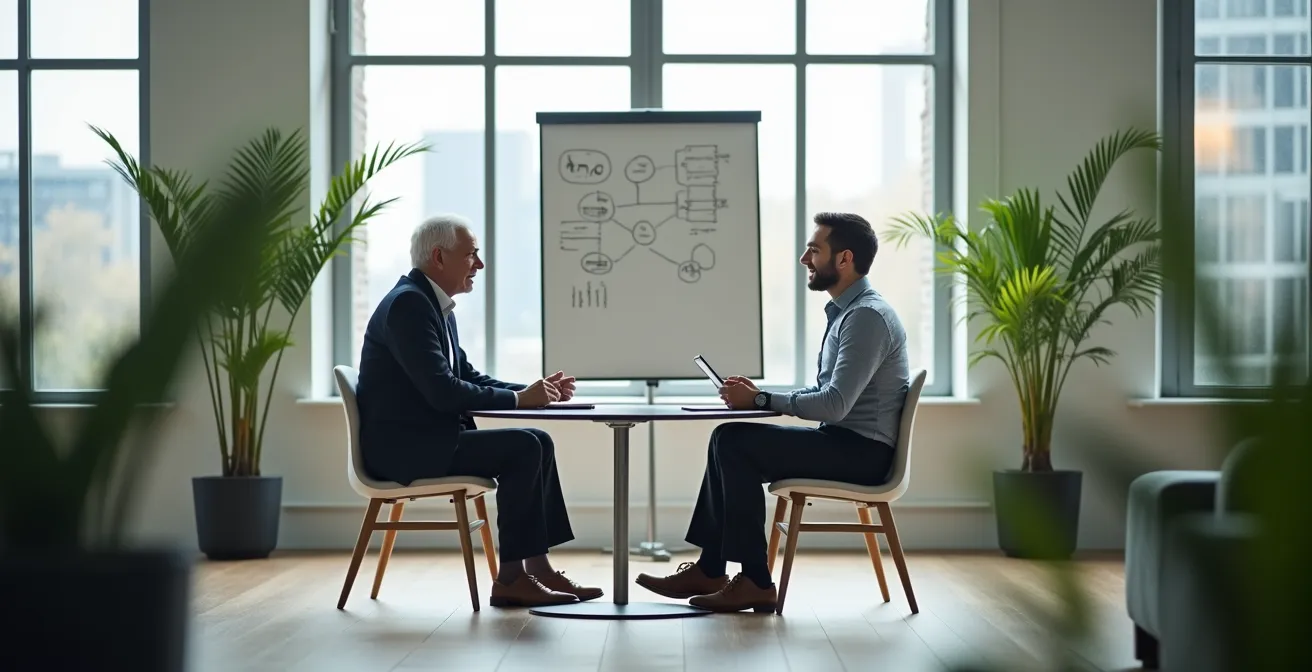 Senior y junior profesionales intercambiando conocimientos en ambiente colaborativo