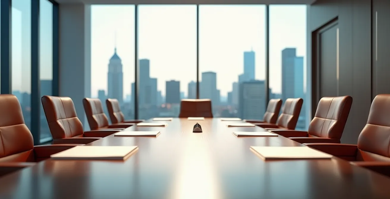 Mesa de reunión ejecutiva con documentos de compensación y ambiente profesional