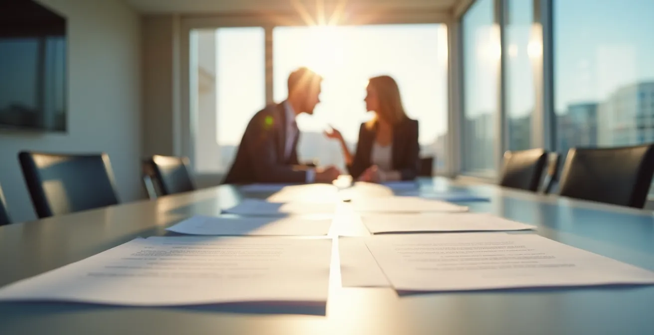 Vista minimalista de espacio de reunión profesional con mesa de negociación y documentos abstractos