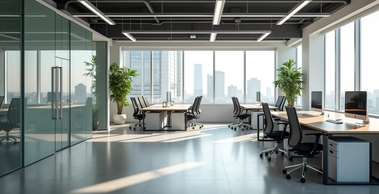 Oficina moderna con espacios de trabajo flexibles mostrando transformación de costes fijos a variables