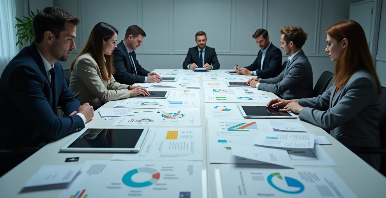 Diagrama de flujo de trabajo simplificado en pizarra digital con profesionales colaborando