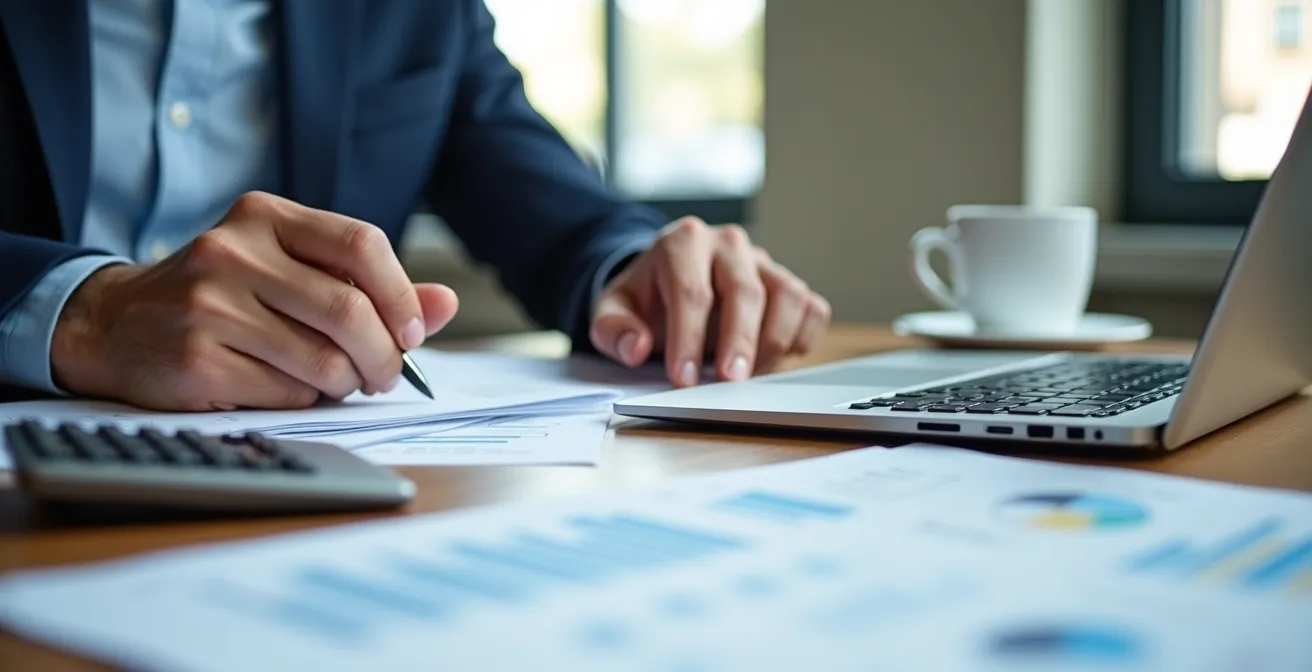 Profesional trabajando en múltiples documentos legales y dispositivos durante proceso de transformación empresarial