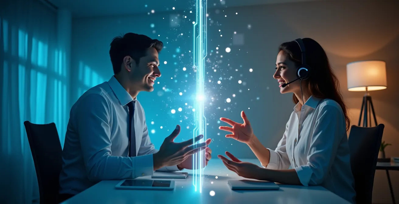 Sistema de atención al cliente con IA mostrando transición fluida entre bot y agente humano