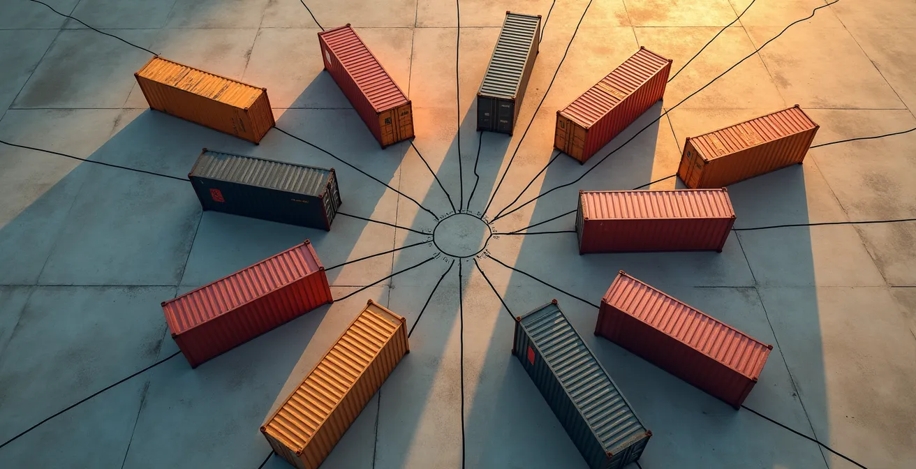 Mapa mundial abstracto mostrando conexiones de red de suministro diversificada