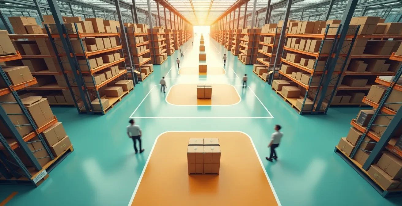 Vista aérea de almacén con flujos de inventario integrados que muestran eficiencia y conectividad.