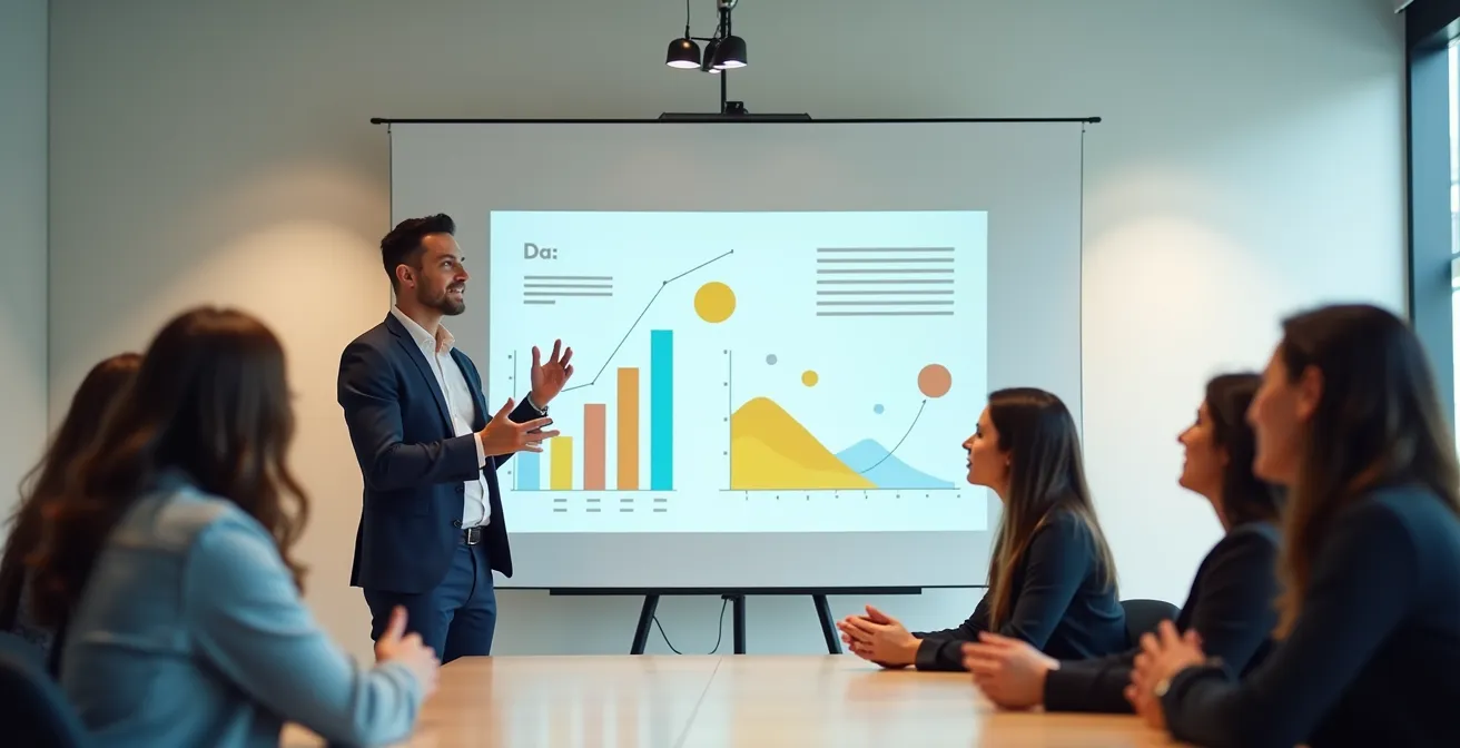 Líder presentando datos con narrativa emocional conectando con su audiencia