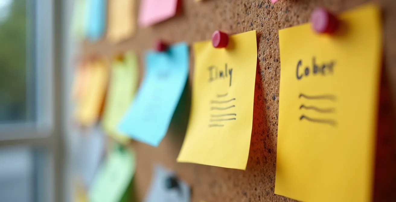 Tablero Kanban físico mostrando límites WIP con fichas de colores