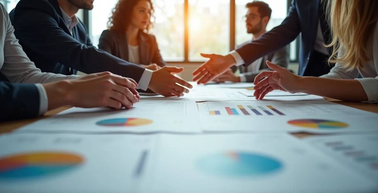 Vista aérea de mesa de trabajo con gráficos y análisis estratégicos