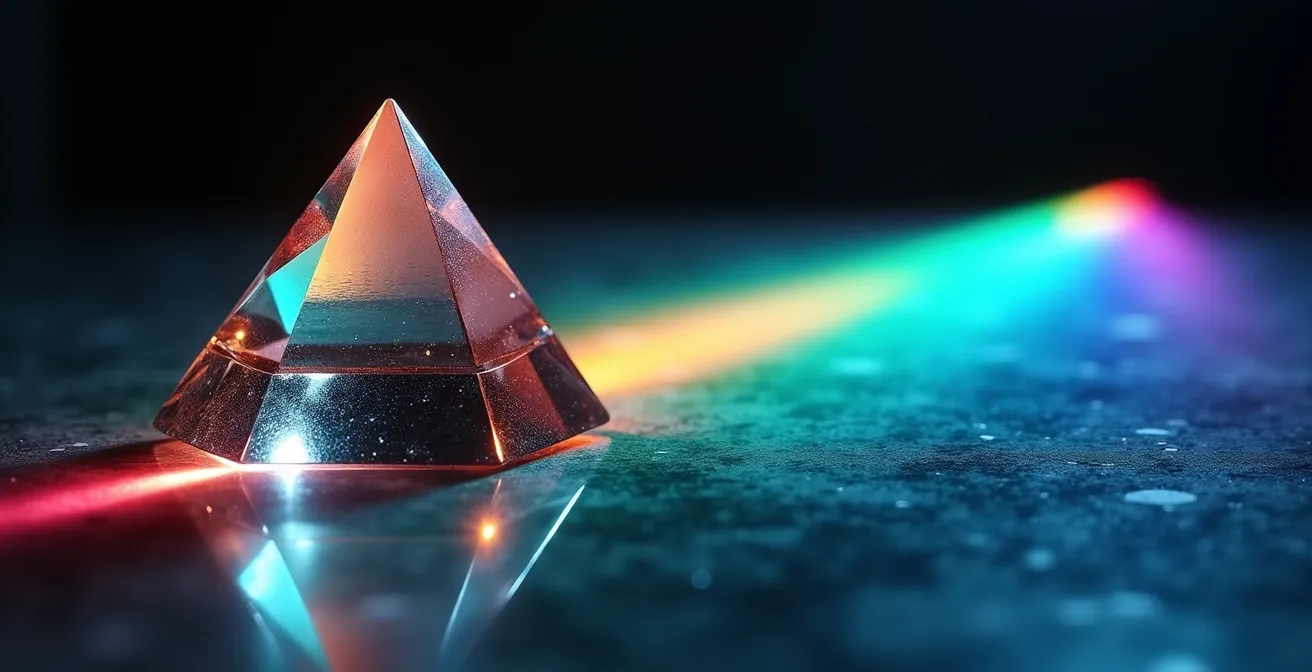 Prisma de cristal descomponiendo luz en múltiples colores simbolizando diferentes métodos de valoración empresarial