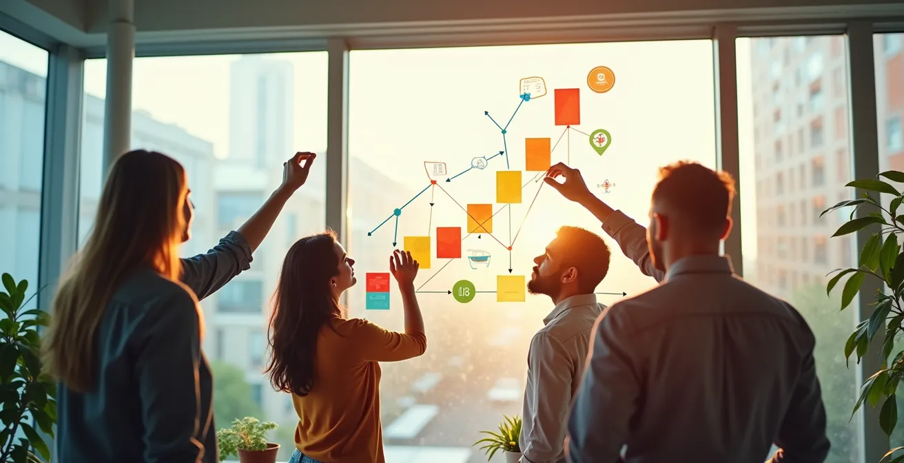 Equipo colaborativo construyendo visión futura mediante post-its y diagramas en pared de cristal